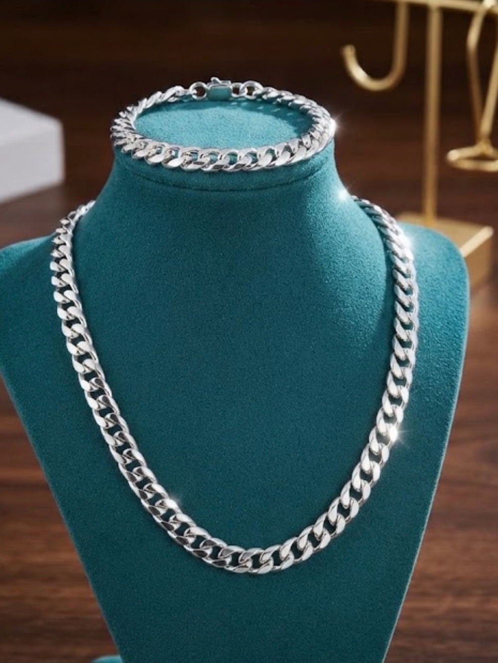 Sterling Silver Plated Curb Chain Necklace and Bracelet Set